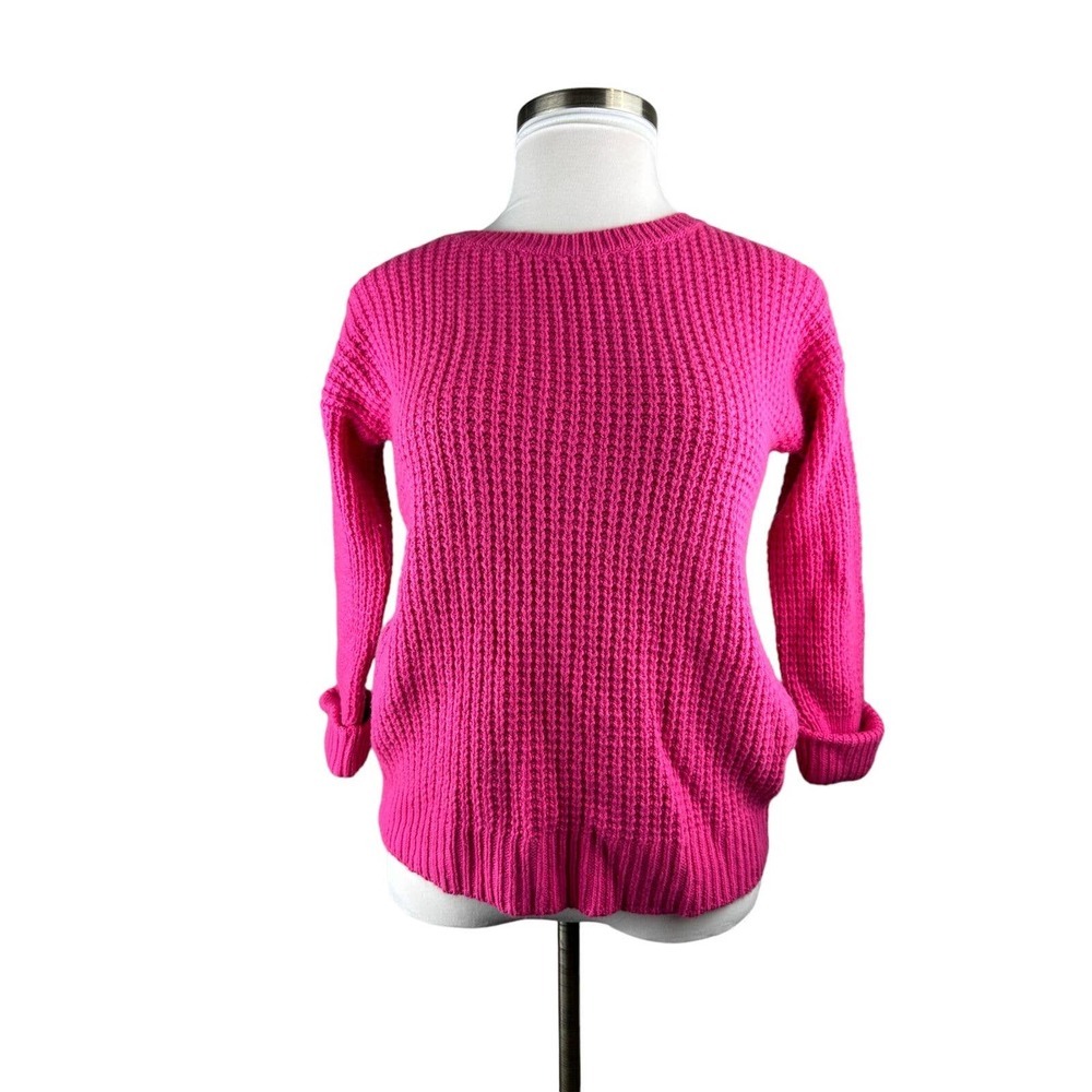 Garnet Hill Waffle Knit Crewneck Cashmere Wool Sweater Pink Pockets Size Small - Picture 2 of 16